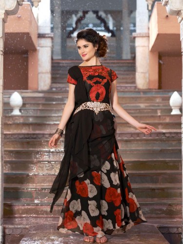 Godomart :Black Colored Embroidery Georgette Gowns