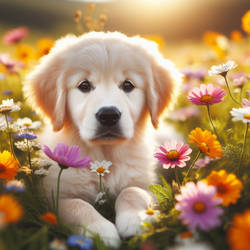 golden retriever puppy in a field of flowers