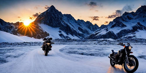 Motorcycle Snow Mountains Sunset Snowy Background