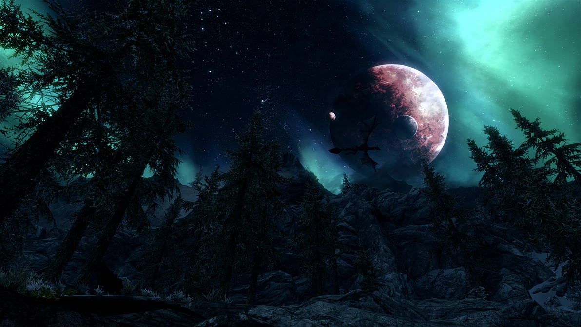 Три составляющих ночи. Туманная роща скайрим. Луны the Elder Scrolls. Ночные пейзажи Скайрима. Ночной лес с луной.