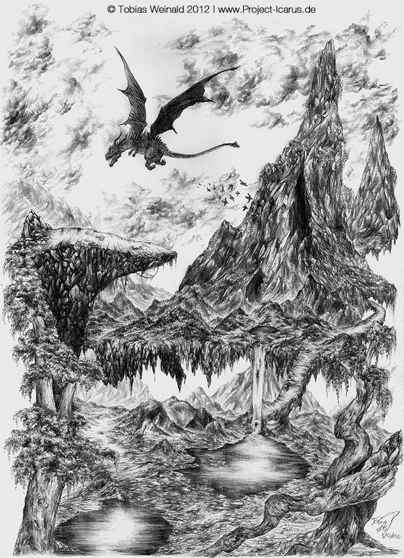 Dragon flying over mountains