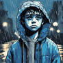 Draw a sad boy in the rain, in blue tones, graffit