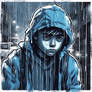 Draw a sad boy in the rain, in blue tones, graffit