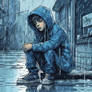Draw a sad boy in the rain, in blue tones, graffit