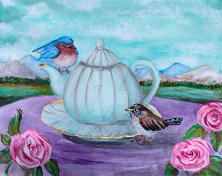 Outdoor tea, teapot, birds, sparrow and robin