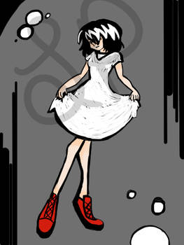 black and white scribble dress with red shoes
