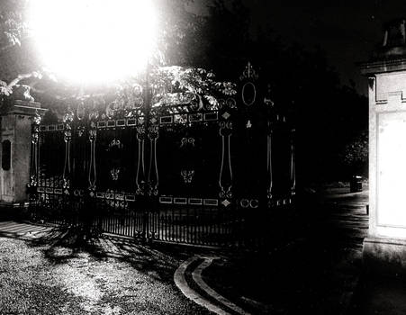 Elmfield park gates by night.