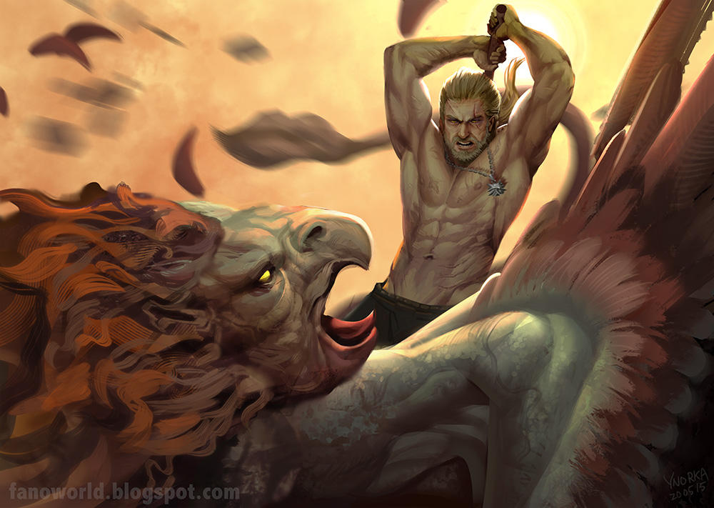 Geralt battling griffin by ynorka