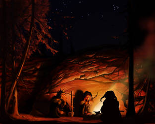 Dwarves by firelight by Ckrall