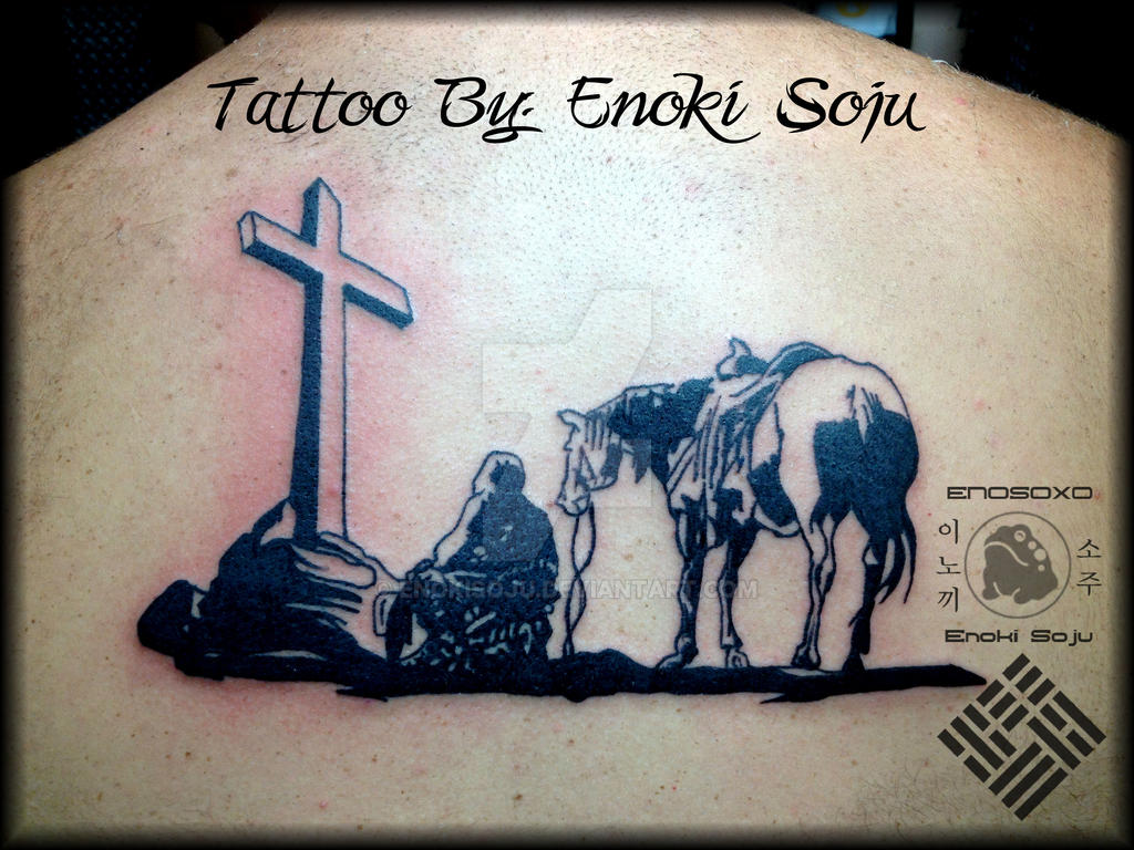 Kneeling Cowboy Horse Cross Tattoo By Enoki Soju