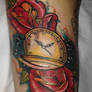clock,roses and gear tattoo
