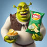 shrek holding sour cream and onion lay's