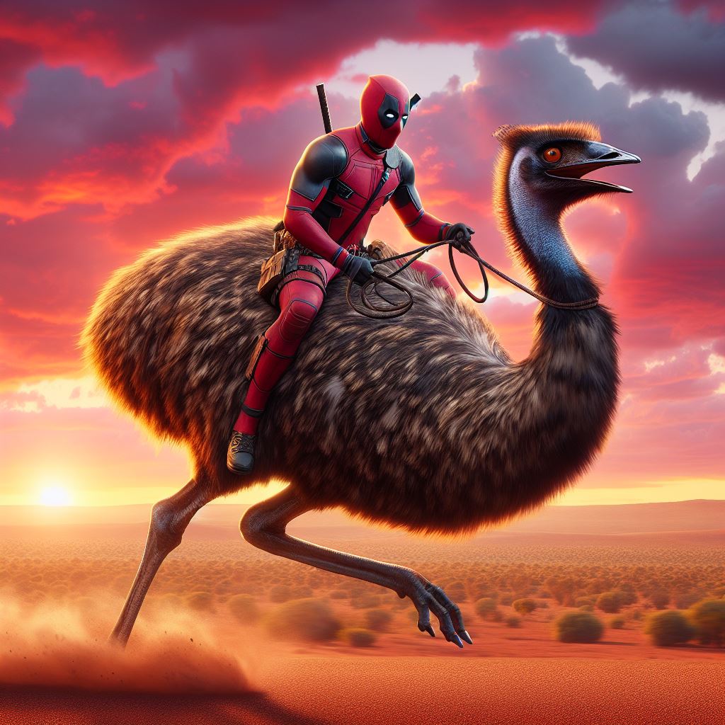 deadpool riding an emu by alteregobro on DeviantArt