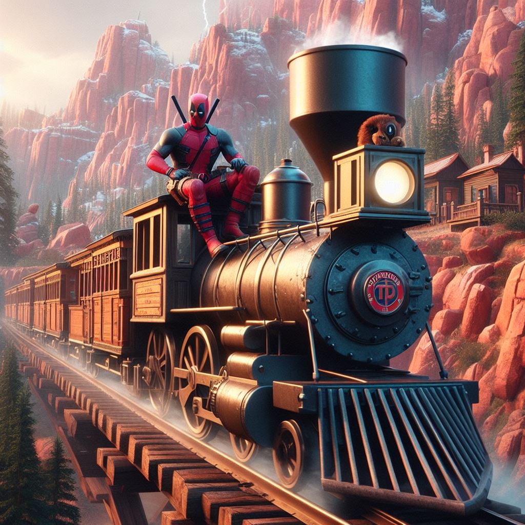 Deadpool Riding A Raptor deadpool riding big thunder mountain railroad by alteregobro on DeviantArt