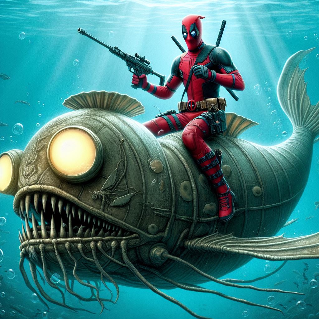 deadpool riding 20'000 leagues under the sea by alteregobro on DeviantArt