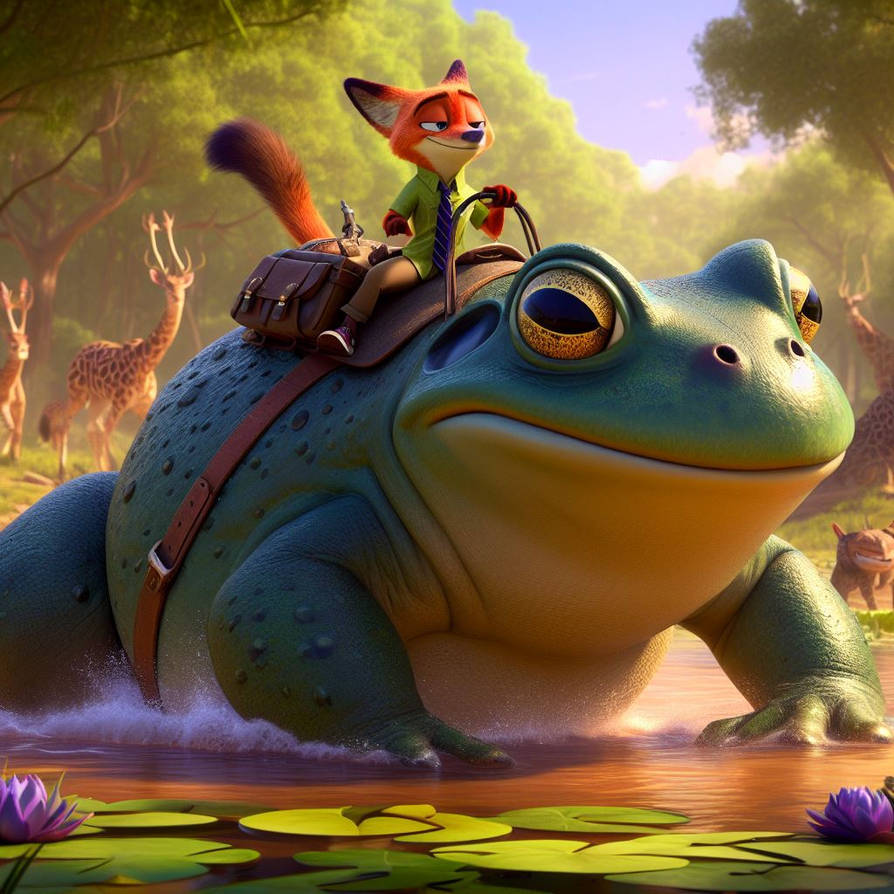 nick wilde riding a giant bullfrog by alteregobro on DeviantArt