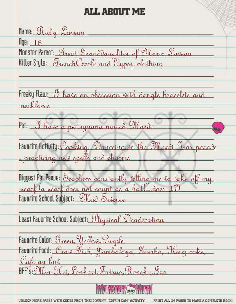 Monster High Bio Examples Ruby Laveau Monster High bio by kurosuishou on DeviantArt