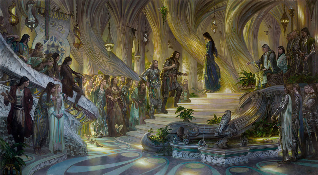 Beren and Luthien in the Court of Thingol + Melian by DonatoArts