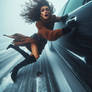 Woman holding a car door in a blizzard windy skirt