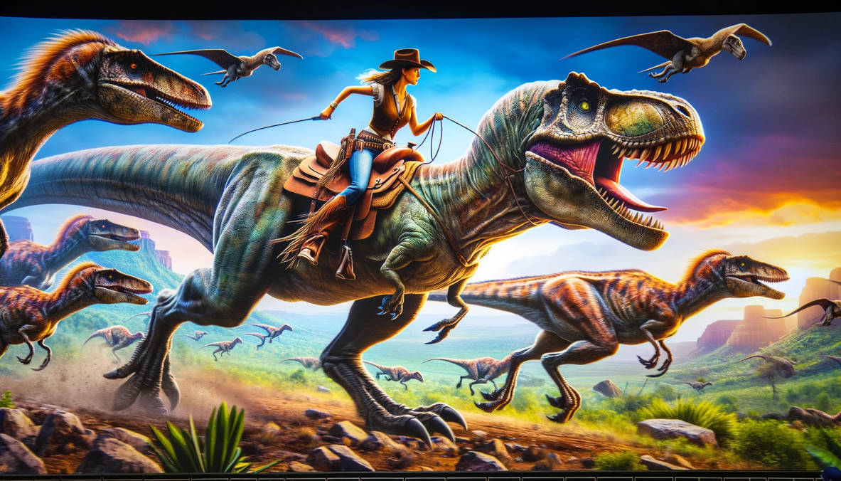 Cowboy Riding T Rex Cowgirl on a trex2 - created with dalle by thewere on DeviantArt