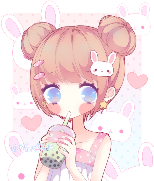 Kawaii anime girl with long wavy pink hair holding boba tea