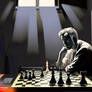 Chess player sitting in a dark room