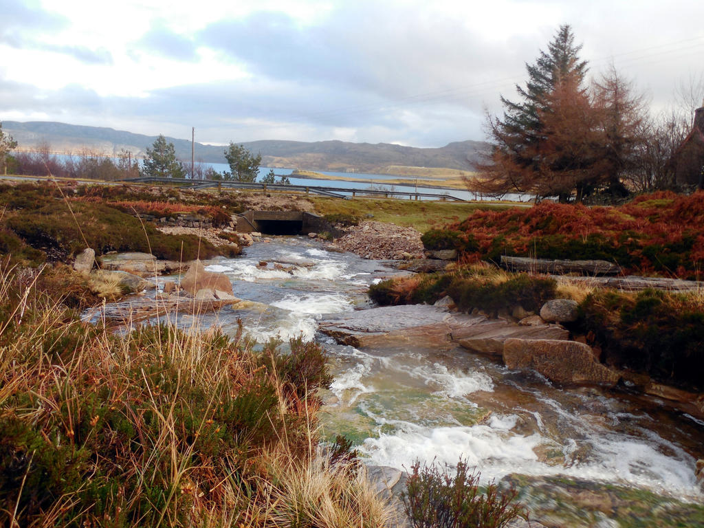 hill stream running into loch Erribol