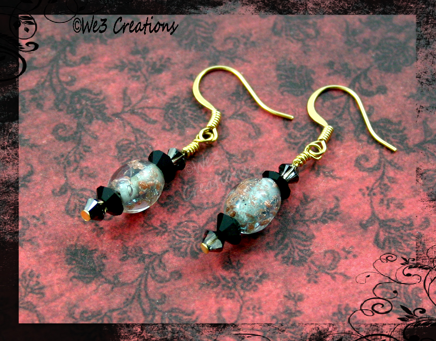 Copper Speckled India Glass and Black Earrings