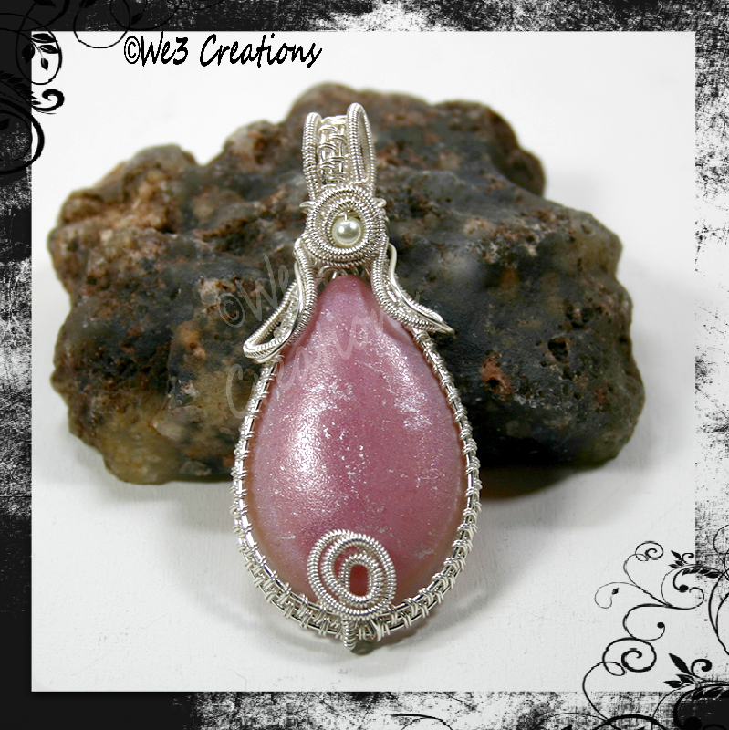 Pink Resin Cab with Silver Wire Wrap Pendant