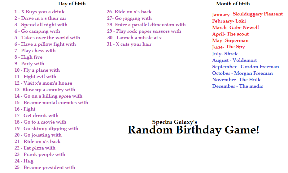 Spectra Galaxy's Random Birthday Game