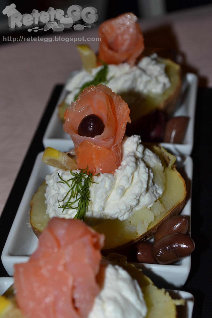 Baked potato with cheese and smoked salmon