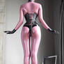 Pink catsuit with awesome heels and corset