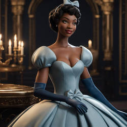 Tiana dressed with a night blue gown and very shor