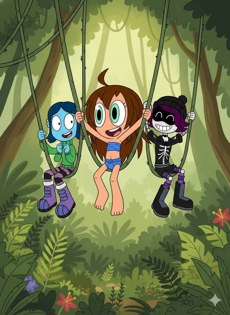 Emily, Ruby and Uzi swinging on the vines by Haniya386 on DeviantArt