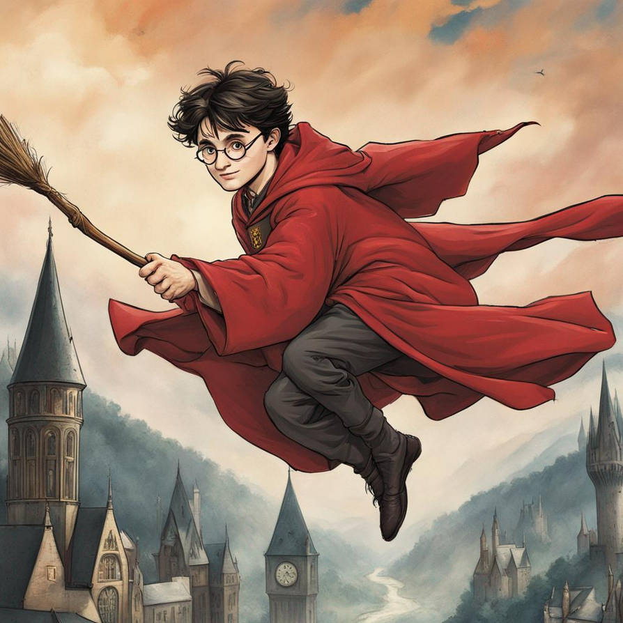Harry Potter flying on a broom in his scarlet robe by Tsunamidaprincess ...