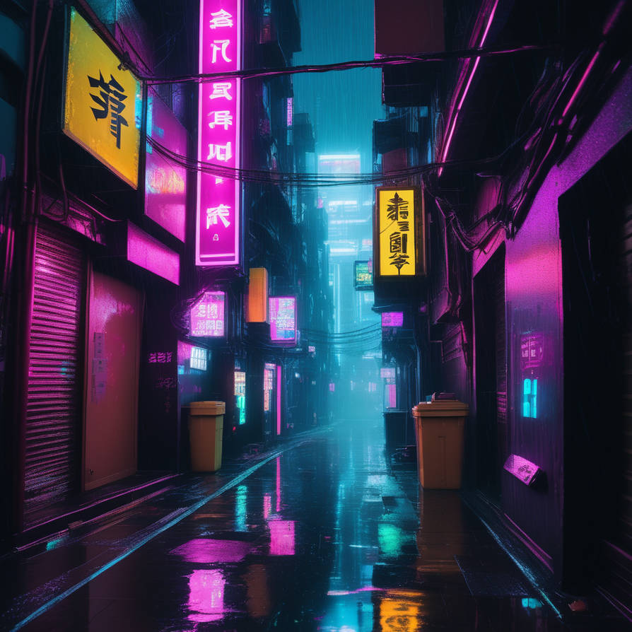 Neon Ai Works Neon-drenched-cyberpunk-alleyway-rain-reflecting-t by Ertugrul196714 on ...