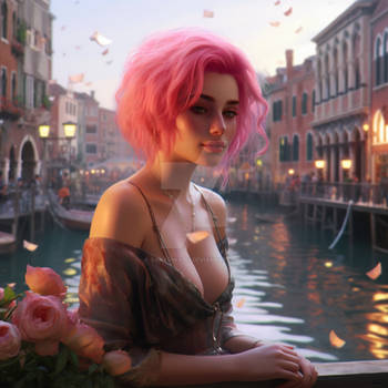 A Beautiful Girl with Short Pink Hair in Venice