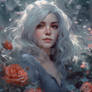 Ethereal Elegance: A Silver Maiden Amidst Roses