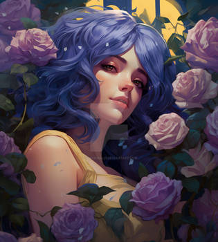 Midnight Bloom: A Portrait Amidst Lavender Roses