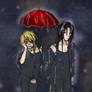 Heavy rain, red umbrella