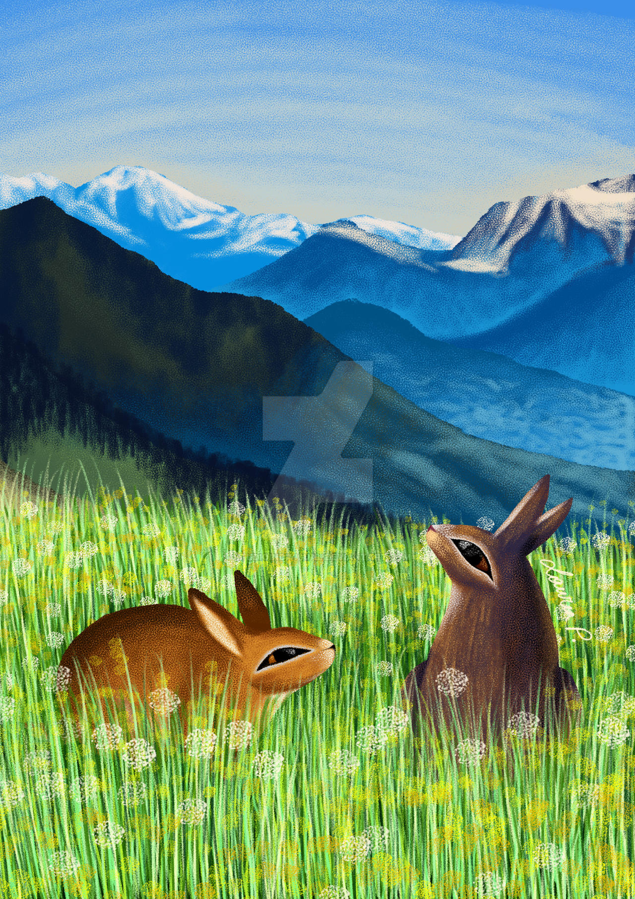 Two Wild Rabbits in a Swiss Meadow Illustration by StudioIndivisual on ...