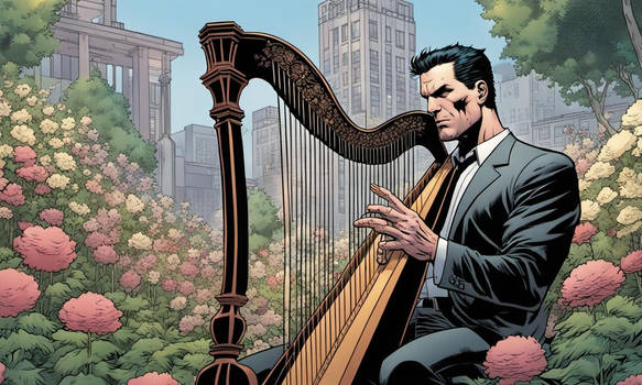 The Punisher (Frank Castle) playing a concert harp