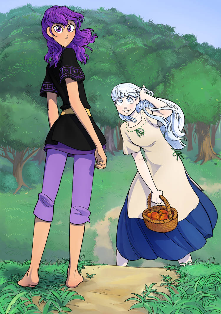 Sikue and Tatsuma stand on a hill. They both have different hairstyles and are wearing cleaner versions of their tunics. Sikue holds a basket of fruit, smiling back at someone up the hill. Tatsuma, instead, meets eyes with the viewer.