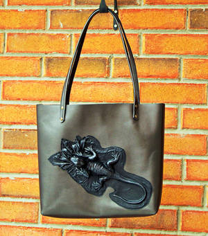 large black leather tote bag with 3D lizard