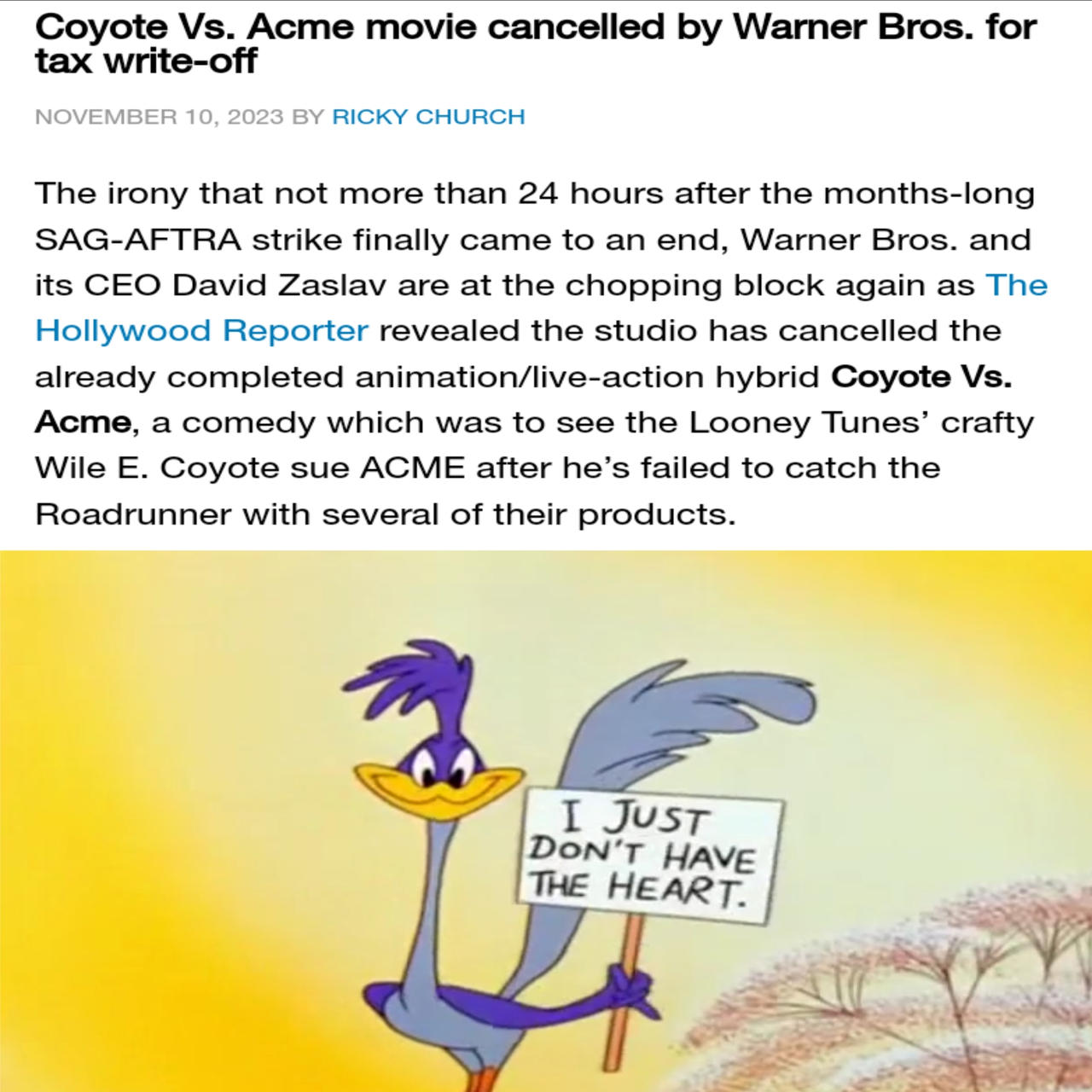 Coyote Vs. Acme' Movie Canceled by Warner Bros., Reactions
