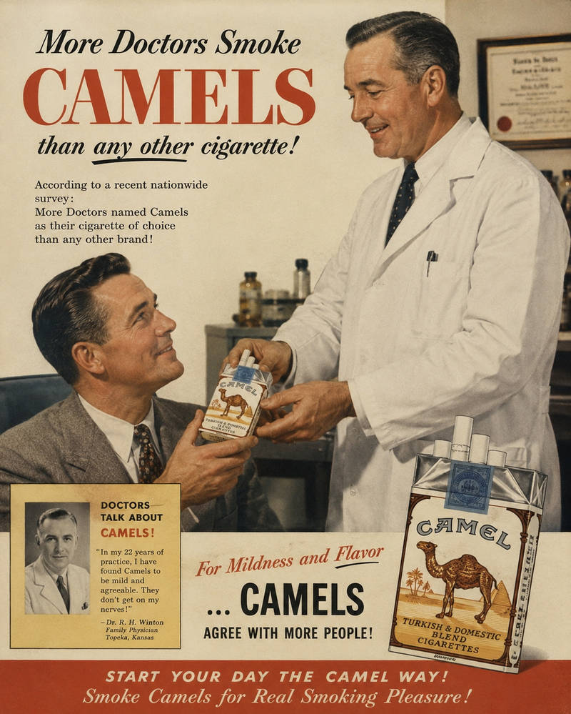 more doctors smoke camels than any other cigarette poster Rewind: 1949 Spot Declares 'Doctors Camels' This Poster Print is ready for hanging or framing and would be the perfect addition to any wall space. Replica of a Camel cigarette
