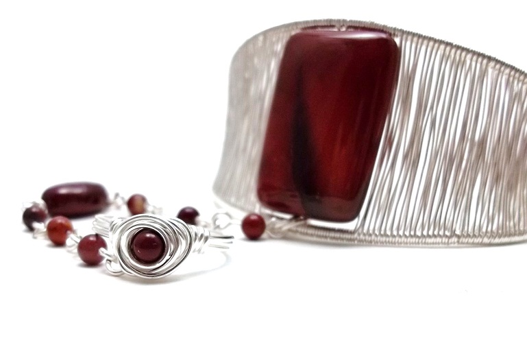 Red Gemstone Cuff Slave Bracelet Ring Attached