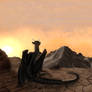 Dragon gazes at mountains during sunset in desert