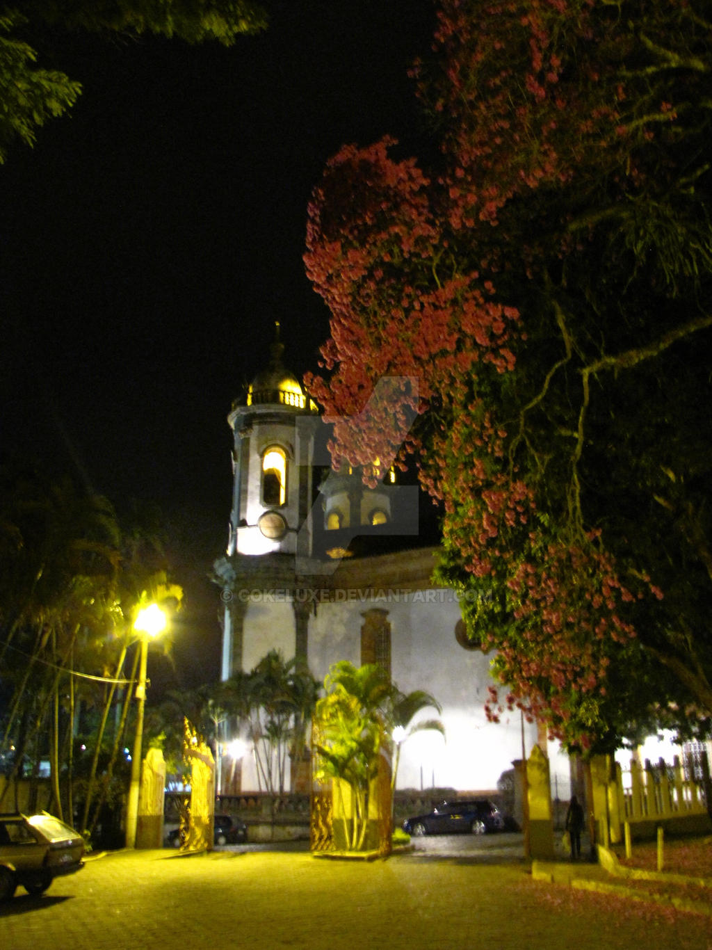 Colonial Church and Blossomed Tree
