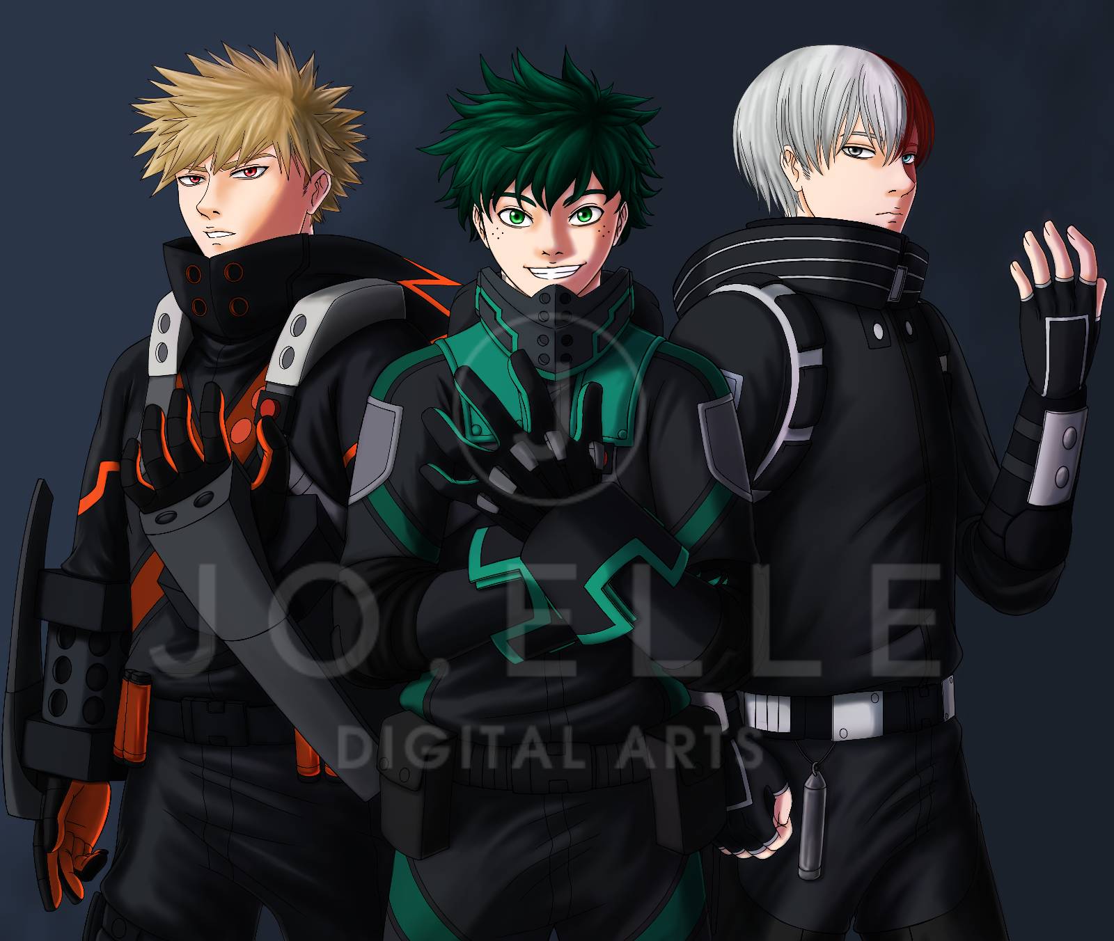 Visual de Deku, Bakugo e Todoroki em My Hero Academia: WORLD HEROS MISSION